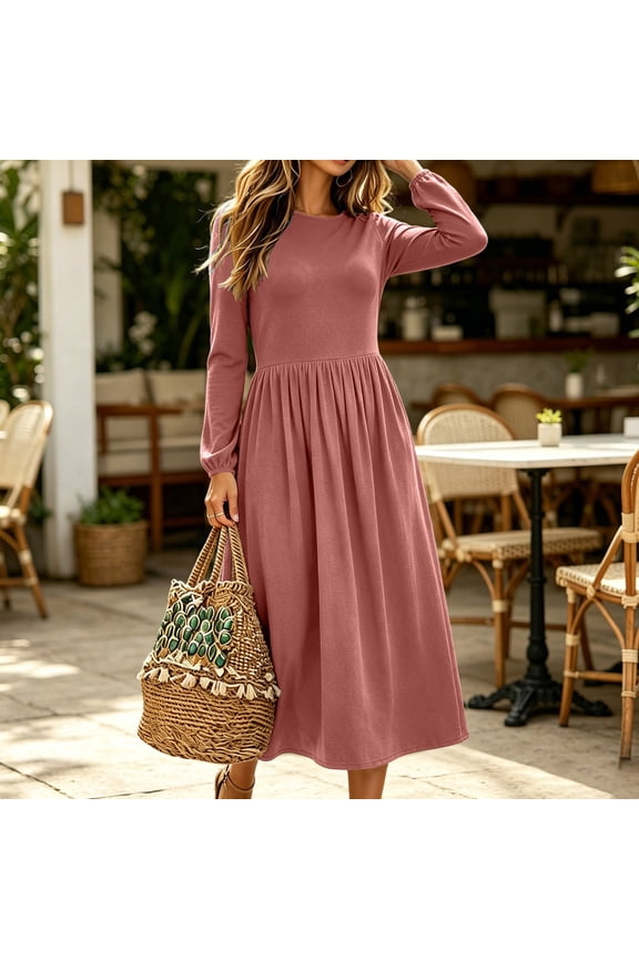 Women Solid Crew Neck Gathered Cuff Long Sleeve Pocket Loose Winter Casual Midi Dress