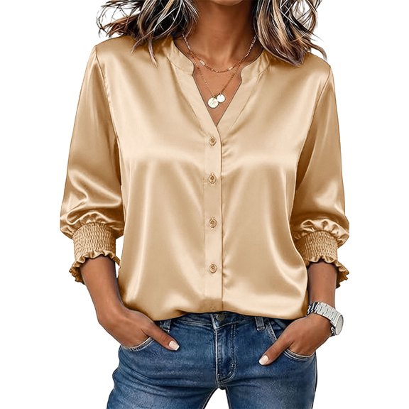 Asgosdo Women Solid Satin V Neck Blouse 3/4 Smocked Ruffle Cuff Sleeve Full Button Front 35 Cotton 65 Polyester Loose Casual Office Shirts Spring Summer Womens Daily Tops S-XXXL