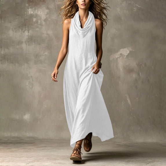 Asgosdo Women Summer Dresses Halter Sleeveless Solid Color Slim Fit Flowy Trendy Vacation Maxi Dress