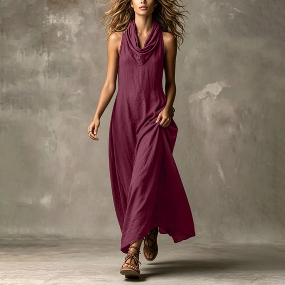 Asgosdo Women Summer Dresses Halter Sleeveless Solid Color Slim Fit Flowy Trendy Vacation Maxi Dress