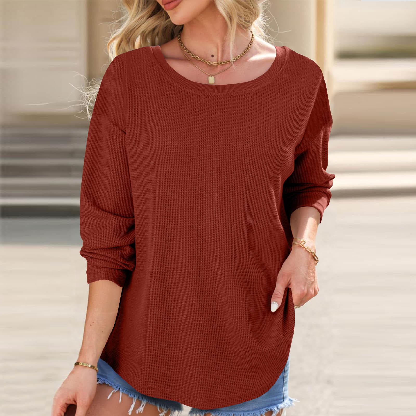 Asgosdo Women Sweatshirts Long Sleeve Solid Color Knit Loose Fit Tops ...
