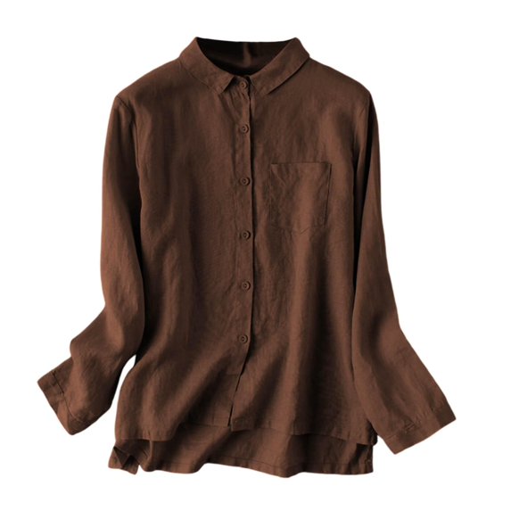 Asgosdo Women Tops Cotton Linen Long Sleeve Collared Button Down Solid Color Shirts Comfy Soft Clothes
