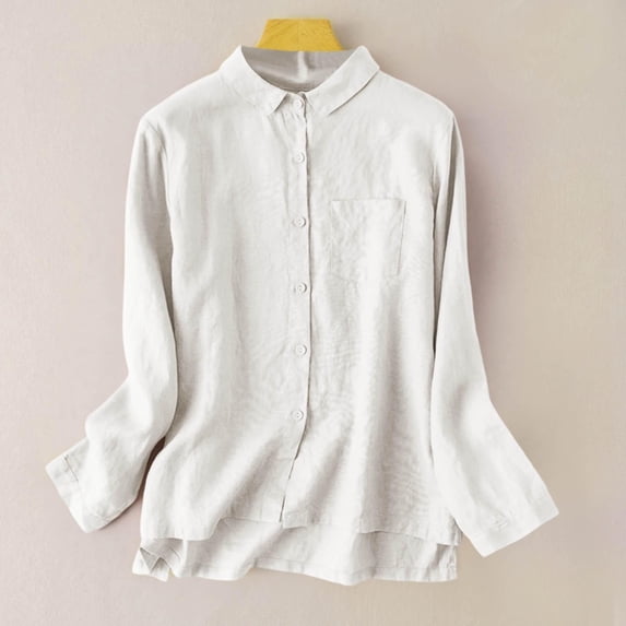 Asgosdo Women Tops Cotton Linen Long Sleeve Collared Button Down Solid Color Shirts Comfy Soft Clothes