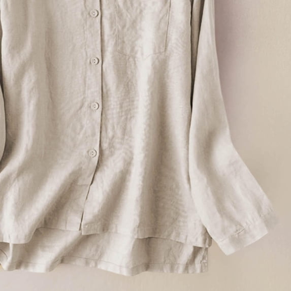 Asgosdo Women Tops Cotton Linen Long Sleeve Collared Button Down Solid Color Shirts Comfy Soft Clothes