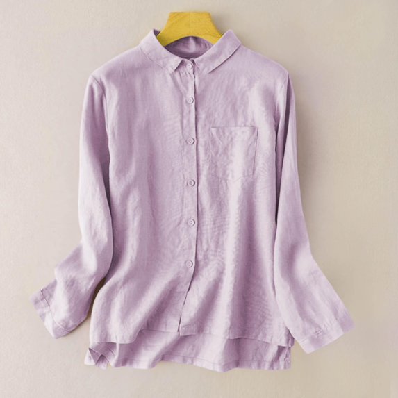 Asgosdo Women Tops Cotton Linen Long Sleeve Collared Button Down Solid Color Shirts Comfy Soft Clothes