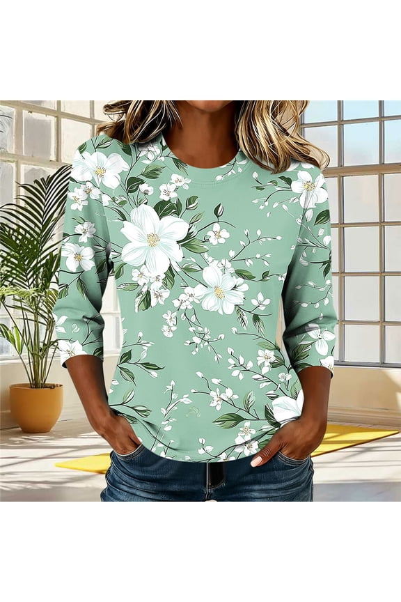 Women Tops Floral Print Sage Green White Blossom Vine Crew Neck 3/4 Sleeve Loose Casual Everyday Blouses