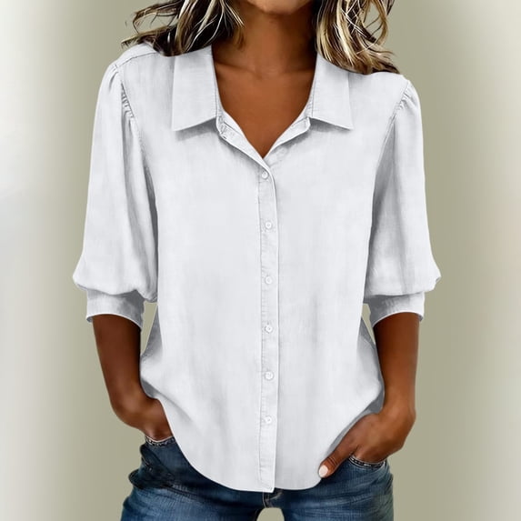 Asgosdo Women Tops Shirts 3/4 Puff Sleeve Collared Neck Khaki Solid Button Front Loose Casual Blouses Summer Womens Tops