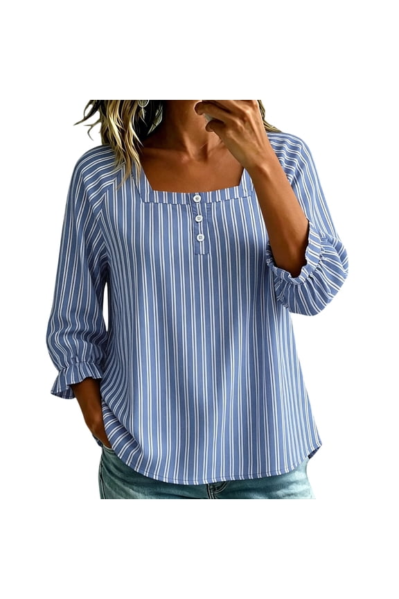 Women Tops Shirts 3/4 Ruffle Cuff Raglan Square Neck Navy White Vertical Stripe Half Button Loose Casual Blouses Spring Fall Summer Womens Tops