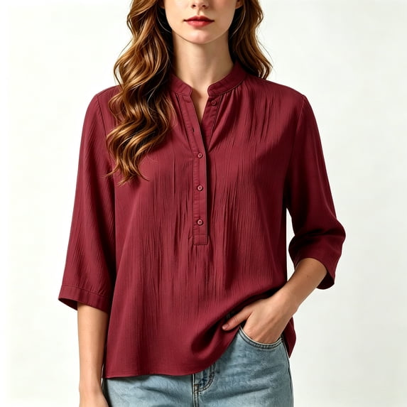Asgosdo Women Tops 3/4 Sleeve Mandarin Henley Shirt Collar Solid Clothes Crinkle Textured Outfits Half Button Loose Casual Blouses All Season Womens Shirts