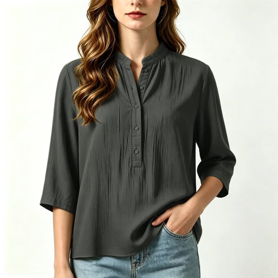 Asgosdo Women Tops 3/4 Sleeve Mandarin Henley Shirt Collar Solid Clothes Crinkle Textured Outfits Half Button Loose Casual Blouses All Season Womens Shirts