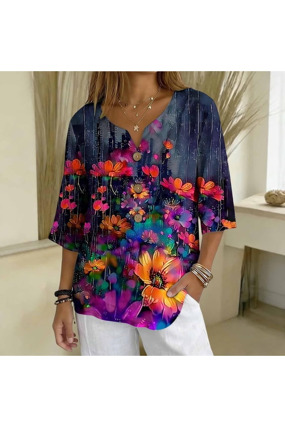 Women Tops Shirts 3/4 Sleeve Notched V Neck Dark Base Neon Colorful Floral Print Loose Flowy Decorative Button Casual Blouses Four Season Womens Tops