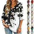 thumbnail image 1 of Asgosdo Women Tops Shirts Black White Ombre Floral Print Notched V Neck Decorative Button 3/4 Sleeve Loose Flowy Polyester Casual Blouses Multi Color Four Season Womens Tops, 1 of 5