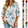 thumbnail image 1 of Asgosdo Women Tops Shirts Blue Pink Peony Floral Vine Print Notched V Neck Decorative Button 3/4 Sleeve Loose Flowy Polyester Casual Blouses Multi Color Four Season Womens Tops, 1 of 5