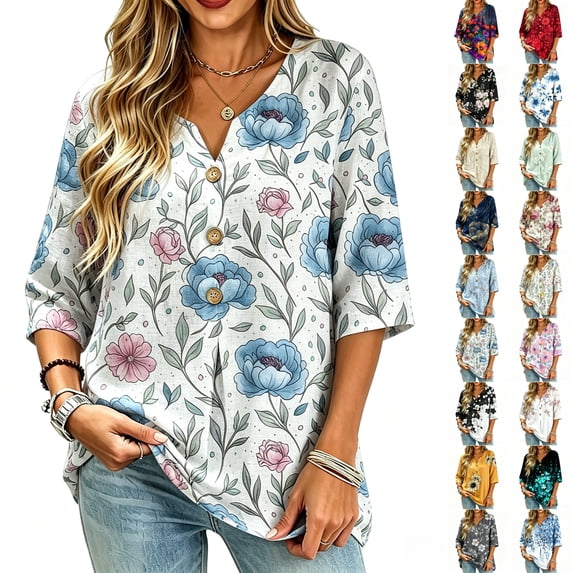Asgosdo Women Tops Shirts Blue Pink Peony Floral Vine Print Notched V Neck Decorative Button 3/4 Sleeve Loose Flowy Polyester Casual Blouses Multi Color Four Season Womens Tops