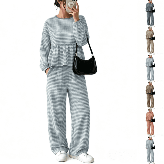 Asgosdo Women Two Piece Outfits Boho Grid Ruffle Long Sleeve Top and Wide Leg Pant with Pocket Casual Fall Winter Matching Lounge Sets