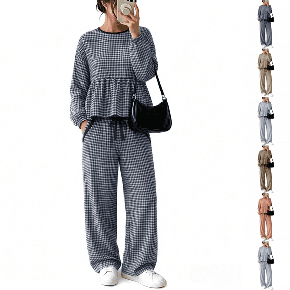Asgosdo Women Two Piece Outfits Boho Grid Ruffle Long Sleeve Top and Wide Leg Pant with Pocket Casual Fall Winter Matching Lounge Sets