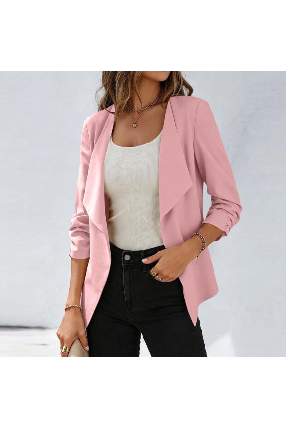 Women Waterfall Lapel Open Front 3/4 Roll Sleeve Blazer Jacket Solid All Season Ladies Office Daily Outerwear