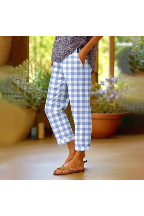 Women's Cropped Pants High Elastic Waisted Grid Casual Comfy Lounge Trousers with Pockets