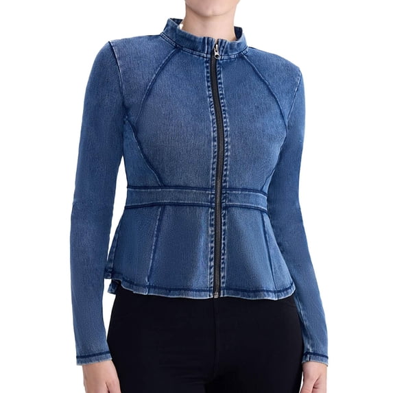 Asgosdo Women's Jeans Jacket Long Sleeve Stand Collar Zipper Ruffle Denim Jacket Casual Trendy Coat