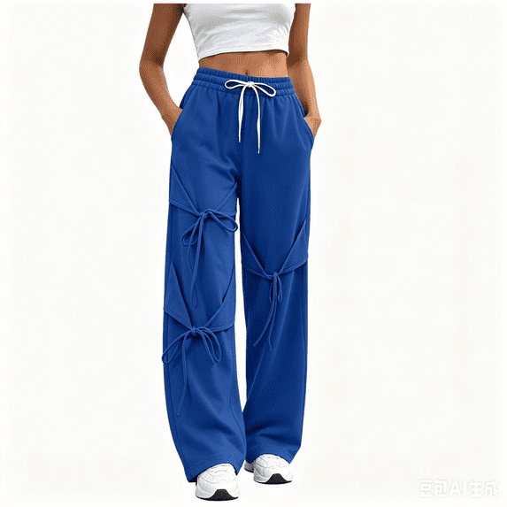 Asgosdo Women's Pants Drawstring High Elastic Waisted Wide Straight Leg Casual Irregular Trousers with Pockets