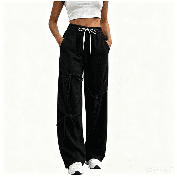 Asgosdo Women's Pants Drawstring High Elastic Waisted Wide Straight Leg Casual Irregular Trousers with Pockets