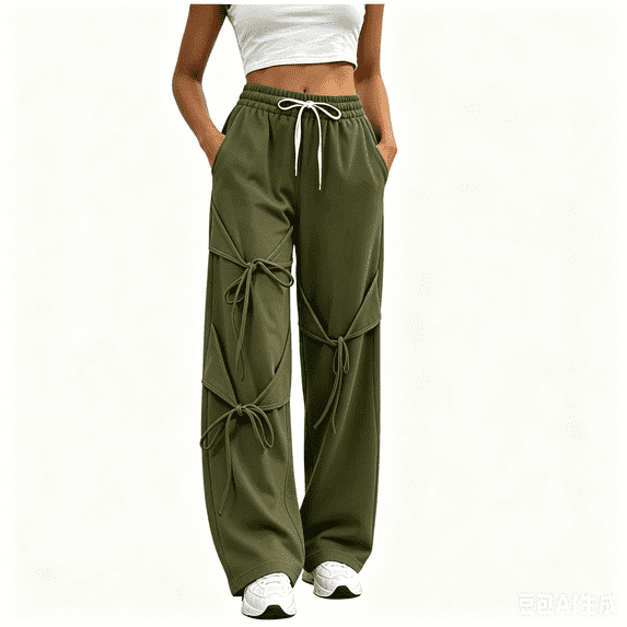 Asgosdo Women's Pants Drawstring High Elastic Waisted Wide Straight Leg Casual Irregular Trousers with Pockets