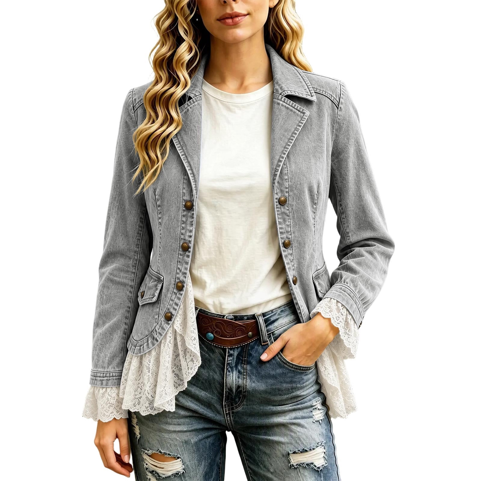 Ruffle Button Jacket Asgosdo Women's Solid Color Lapel Button-Up Ruffled Denim Jacket Long ...