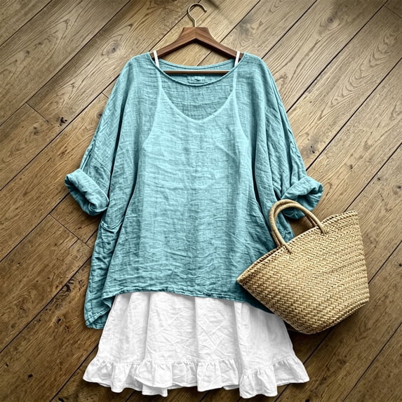 Asgosdo Womens 2 Piece Linen Blend Outfit Oversized Short Sleeve Top Ruffle Mini Skirt Casual Set