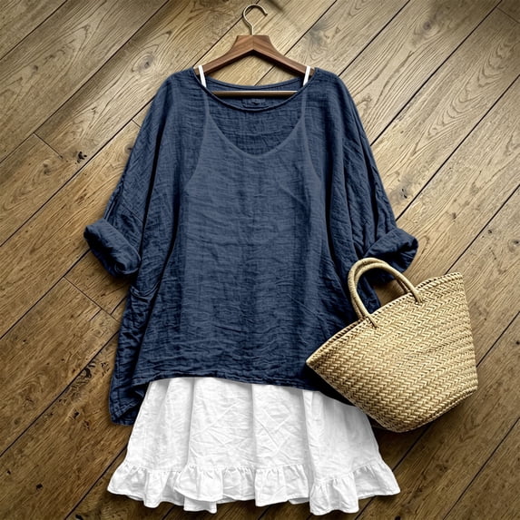 Asgosdo Womens 2 Piece Linen Blend Outfit Oversized Short Sleeve Top Ruffle Mini Skirt Casual Set