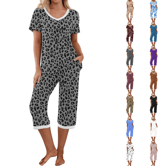 Asgosdo Womens Pajamas Sets Short Sleeve Print V Neck Loungewear and Capri Pants with Pockets Cozy Casual Sleepwear