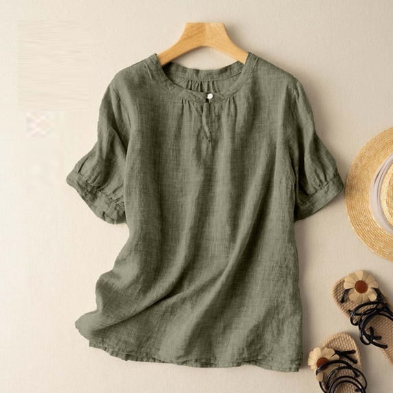 Asgosdo Womens Summer Cotton Linen Tops Short Sleeve Crew Neck Loose Fit Shirts Comfy Soft Lounge Blouses
