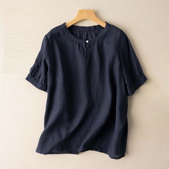 Asgosdo Womens Summer Cotton Linen Tops Short Sleeve Crew Neck Loose Fit Shirts Comfy Soft Lounge Blouses