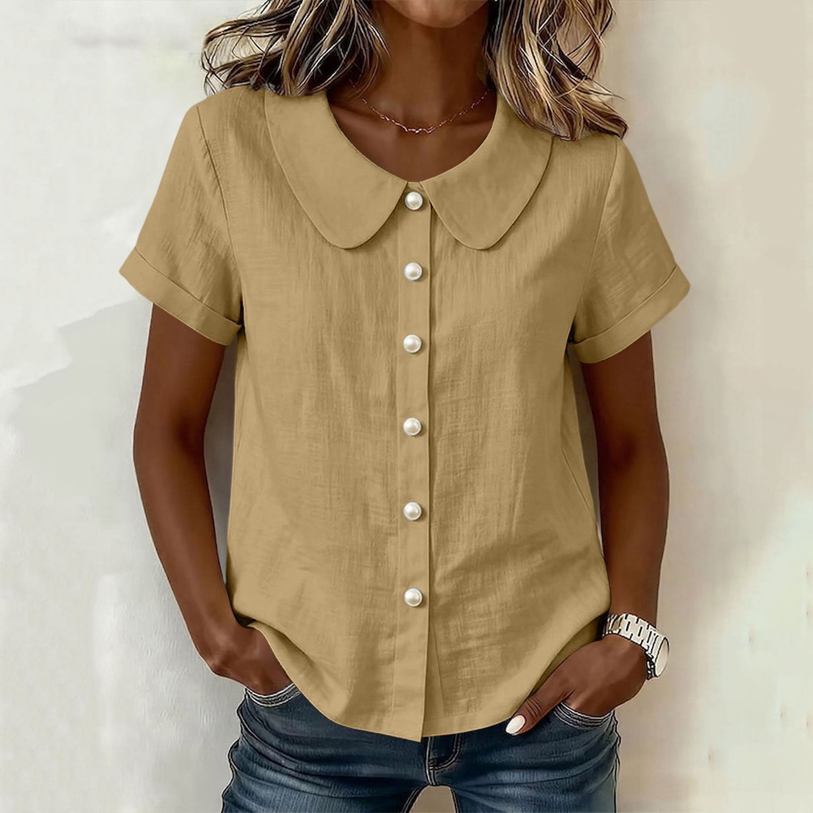 Asgosdo Womens Tops Short Sleeve Button Down Solid Color Loose Fit ...