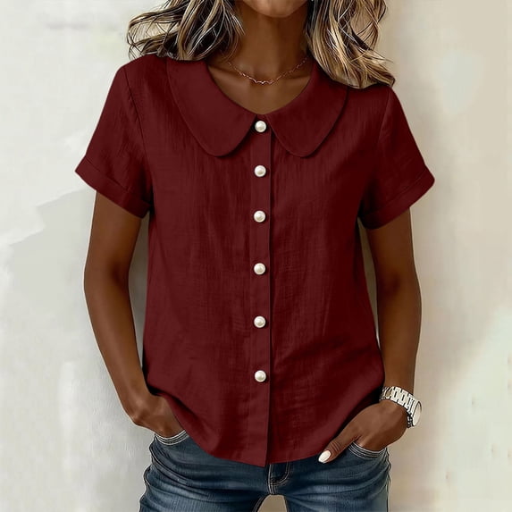 Asgosdo Womens Tops Short Sleeve Button Down Solid Color Loose Fit Blouses Basic Comfy Going Out Shirts