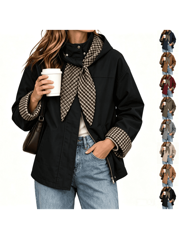 Womens Trench Coats Zip Up Casual Cropped Jackets Trendy Fall Short Blazer Winter Outerwear with Plaid Detachable Hood