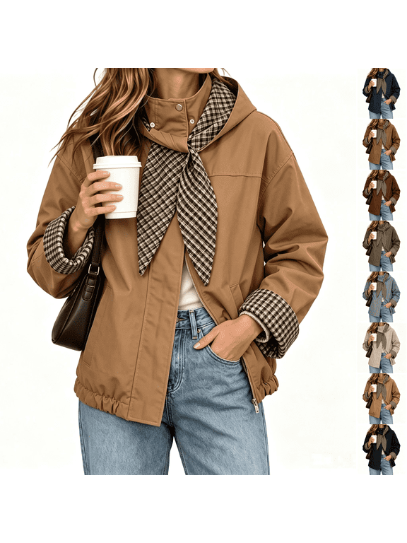 Womens Trench Coats Zip Up Casual Cropped Jackets Trendy Fall Short Blazer Winter Outerwear with Plaid Detachable Hood