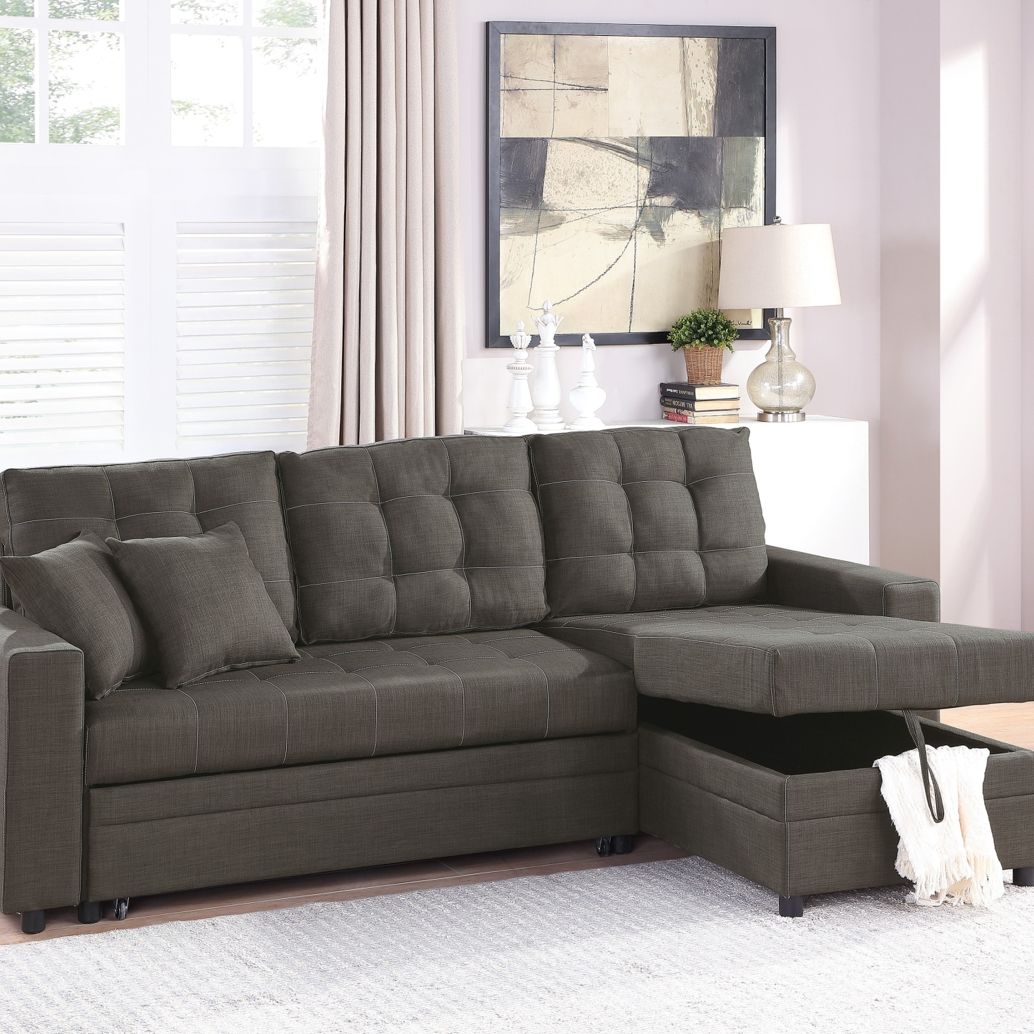 Ash Black Convertible Sectional Pull Out Bed Sofa Chaise Reversible Storage Chaise Polyfiber