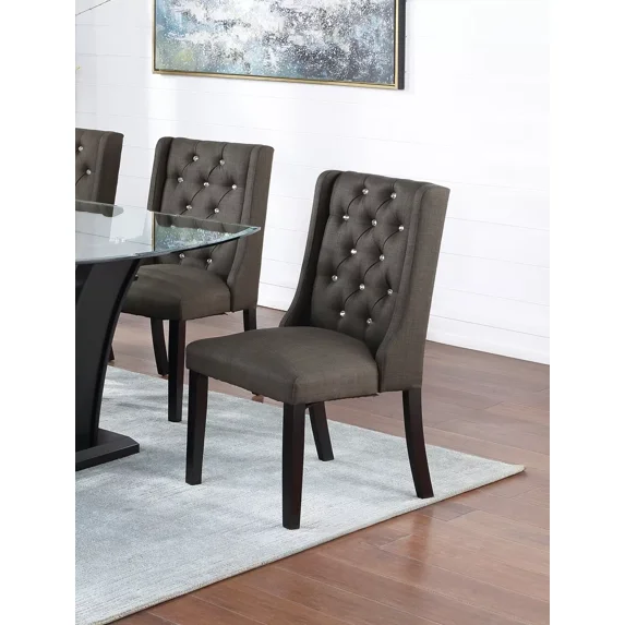 Ash Black Polyfiber 2pcs Side Chairs Plush Tufted Wingback Design Modern Dining Room Upholstered Chair