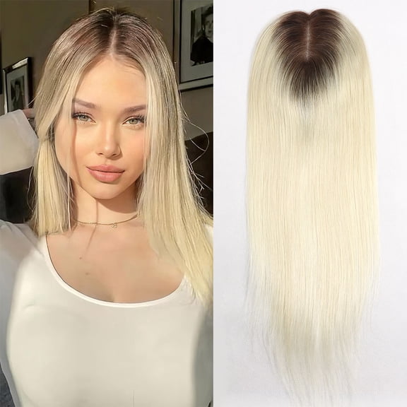 Ash Blonde 100% Remy Human Hair Toppers Clips In Lace Base Topper Hairpiece for Women Dark Roots Hair Extensions 16Inch Straight