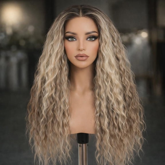 Ash Blonde Curly Wig, Lace Front, 30 Inches, Heat Resistant, Ombre Brown