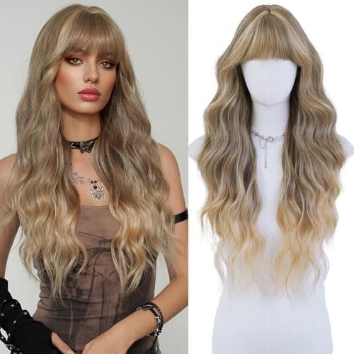 Ash Blonde Ombre Wigs With Bangs Long Wavy Wig For Women 28 Inches Realistic Synthetic Curly Wig For Daily Wearing Party Gifts