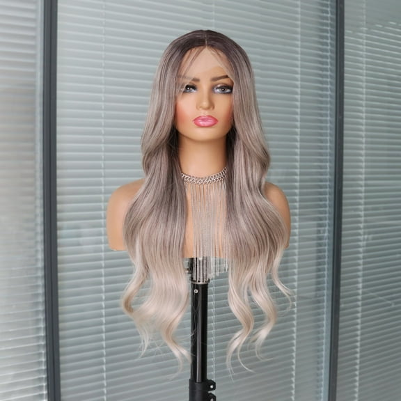 Ash Blonde Wig with Bangs Long Wavy Ombre Brown to Blonde Wig