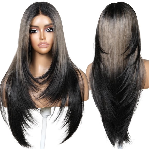 Ash Brown Ombre 26 Inch Synthetic Lace Front Layered Wig With Bangs For Women