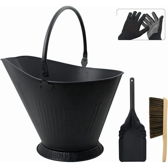 Ash Bucket for Fireplace, 3.2 Gallon Metal Fireplace Ash Bucket for Wood Stove, Includes Shovel, Broom and Gloves Indoor & Outdoor