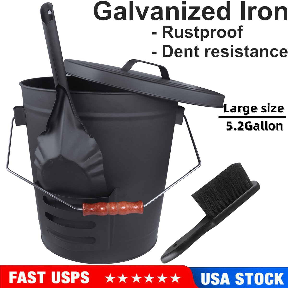 Ash Bucket with Lid & Firepit Shovel and Broom, 5.2 Gallon Fireplace
