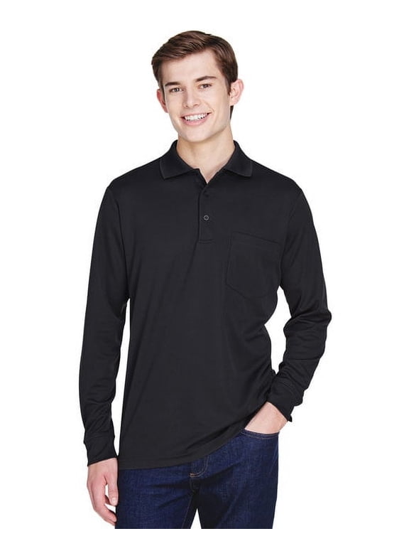 Ash City - Core 365 Mens Pinnacle Performance Pique Long-Sleeve Polo with Pocket (88192P) Black 703 m