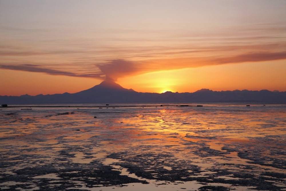 Ash Cloud Rises From Mt Redoubt At Sunset During Low Tide Near Ninilchik Alaska Canvas Art - Calvin Hall Design Pics (38 x 24)