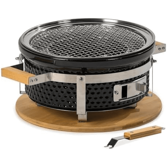 Ash & Ember 14" Hibachi Tabletop Grill & Griddle Set, Ceramic Charcoal Grill, Stainless Steel Cooking Grate, Non-Stick Maifan Griddle, Griddle Lifter, Adjustable Temp Control$$Garden & Patio