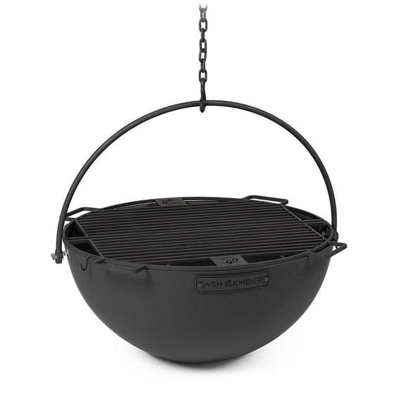 Ash & Ember 30" Cast Iron Cauldron Fire Pit Bowl with Double Hinged Grill