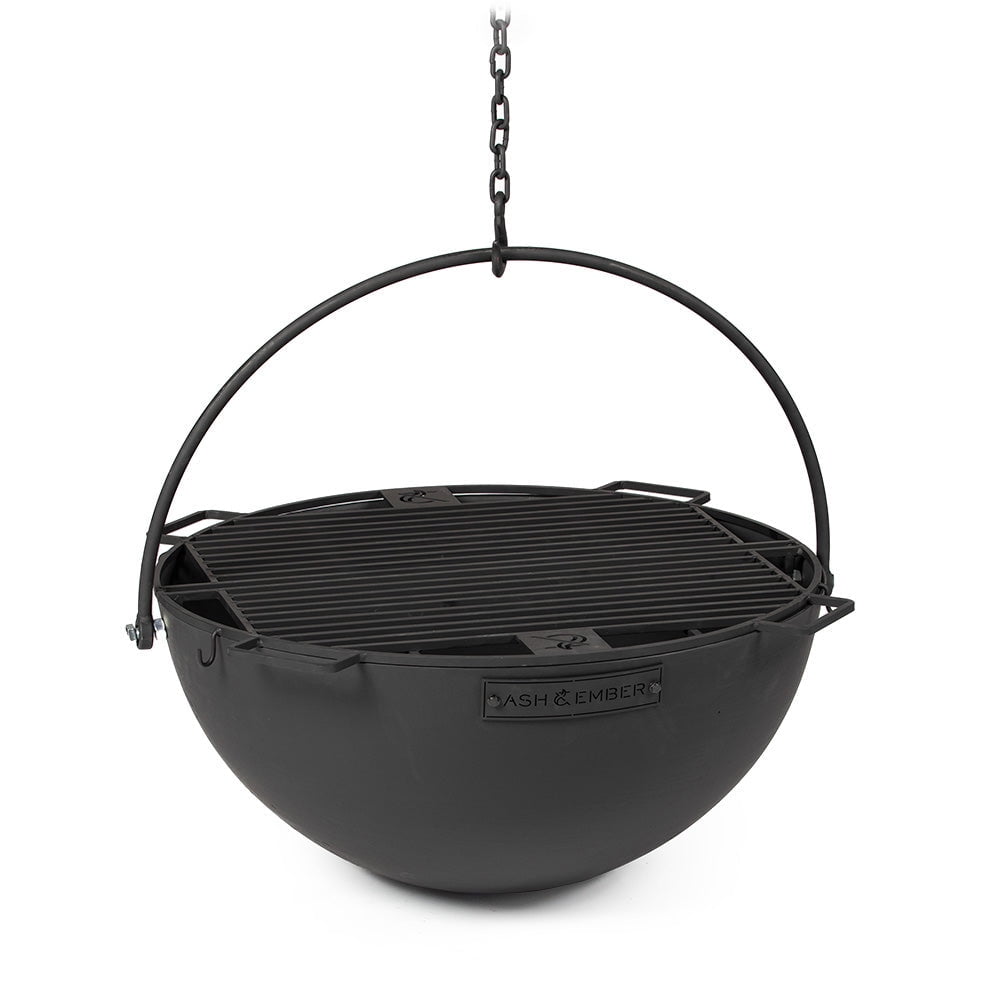 Ash & Ember 30" Black Cast Iron Cauldron Fire Pit Bowl with Hinged Grill